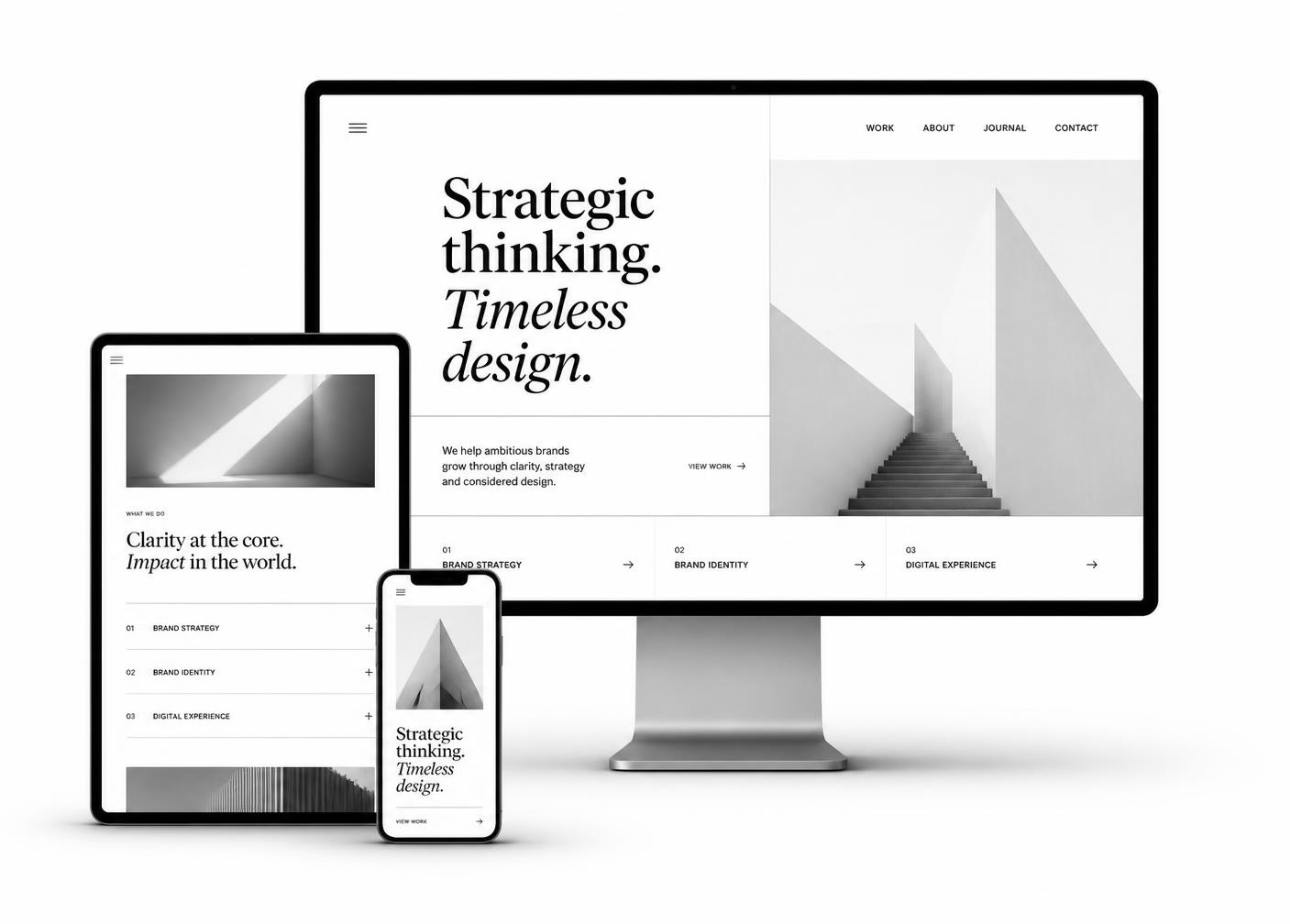 A Zammber-designed business website shown on a desktop monitor, tablet and smartphone in monochrome